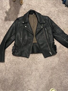 Free People Black Faux Leather Moto Jacket with Buckle Accents damaged collar